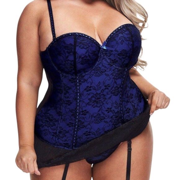 NWT Baci Blue/Black Corset with Garter Belt‎ and Thong Panties - 3X (16-20) - Picture 2 of 16